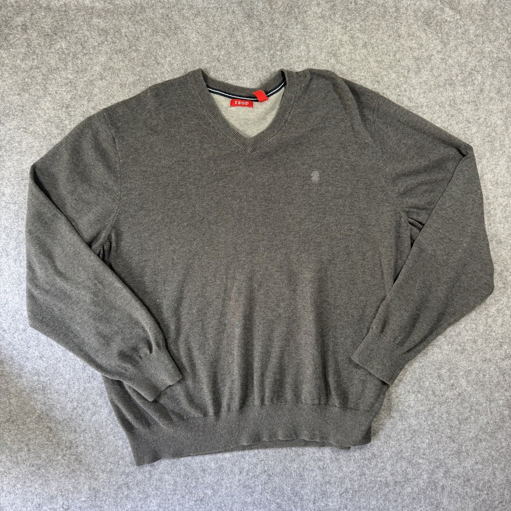 Izod‎ V-Neck Sweater XL Gray Soft Cotton Blend Knit Pullover